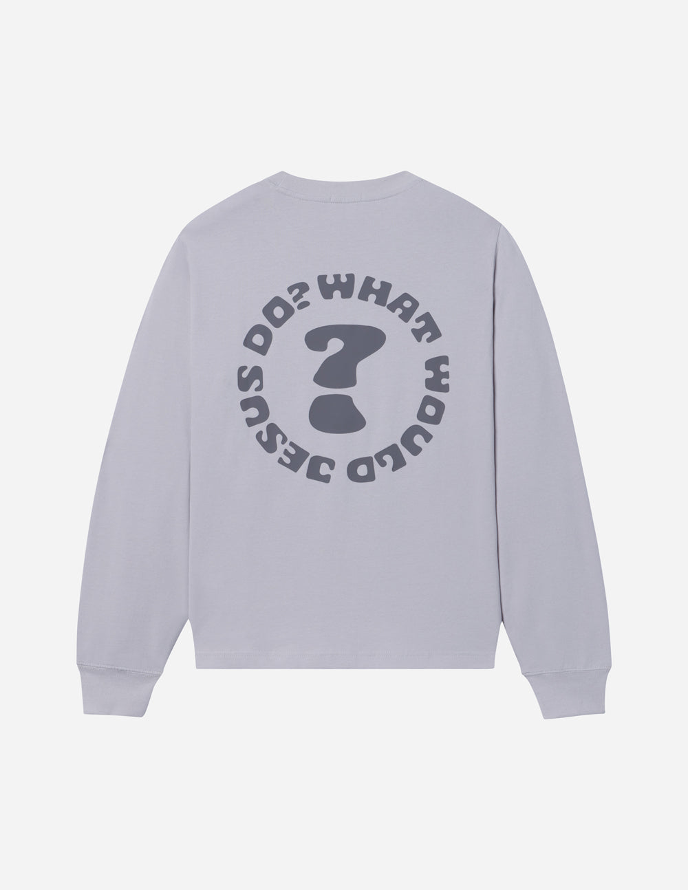 Unisex long-sleeve T-shirt, light purple with large back WWJD question-mark graphic