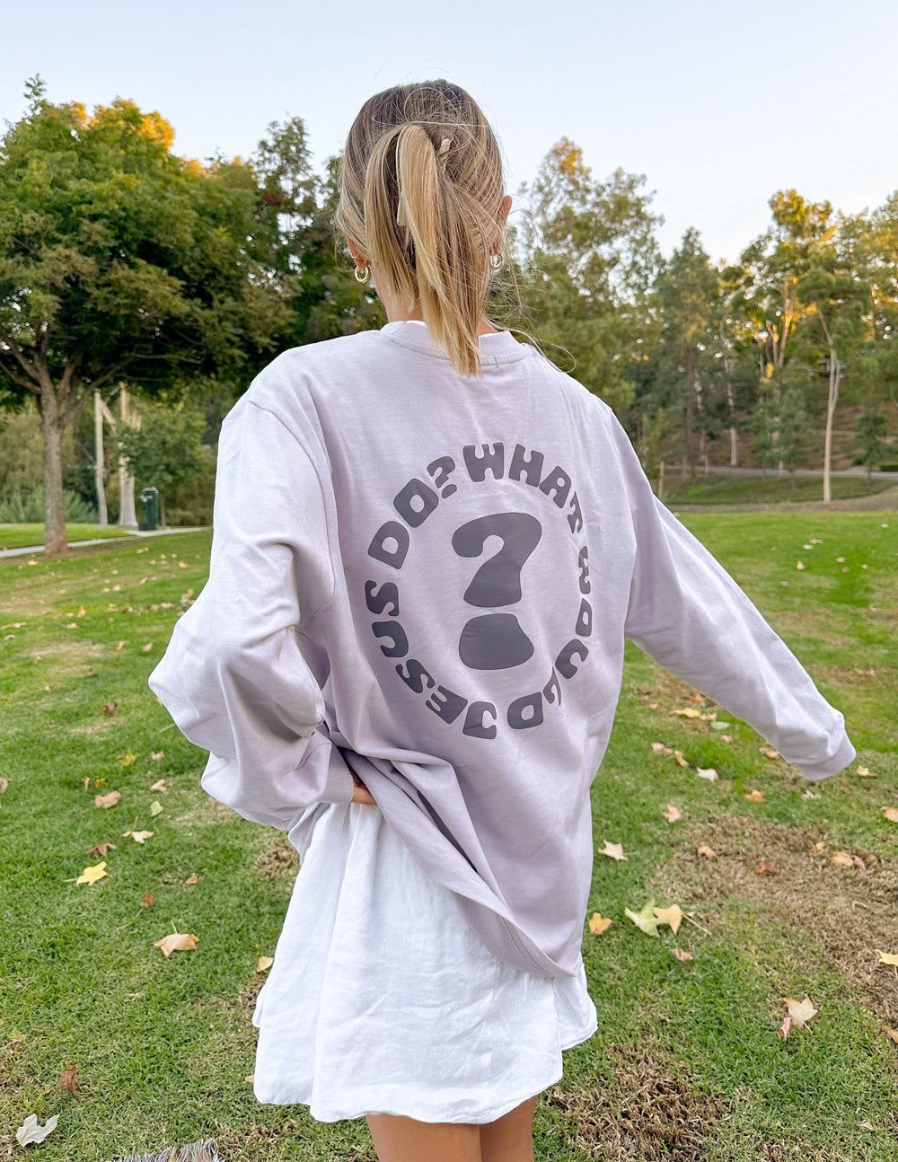 Unisex long-sleeve T-shirt, lavender with large back question-mark graphic