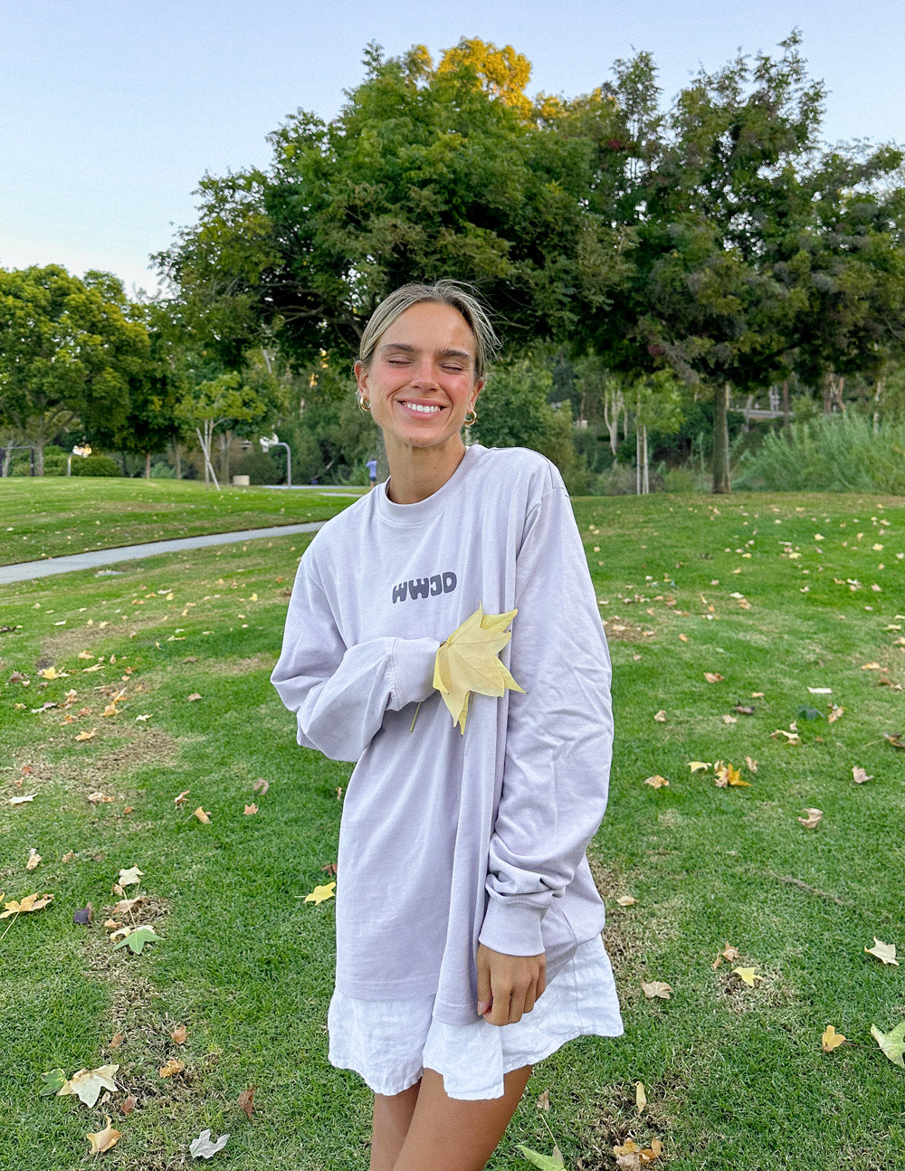 Unisex long-sleeve T-shirt, lavender with WWJD logo on the front chest