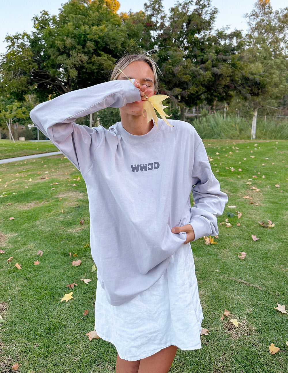 Unisex long-sleeve T-shirt, lavender; WWJD logo printed on front