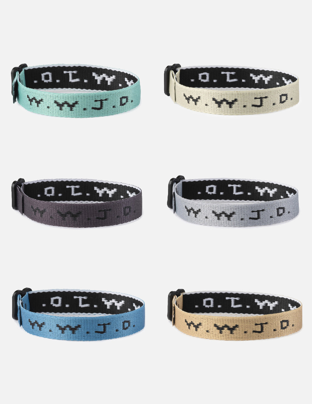 Six fabric surf bracelets with WWJD print and adjustable buckles, displayed flat