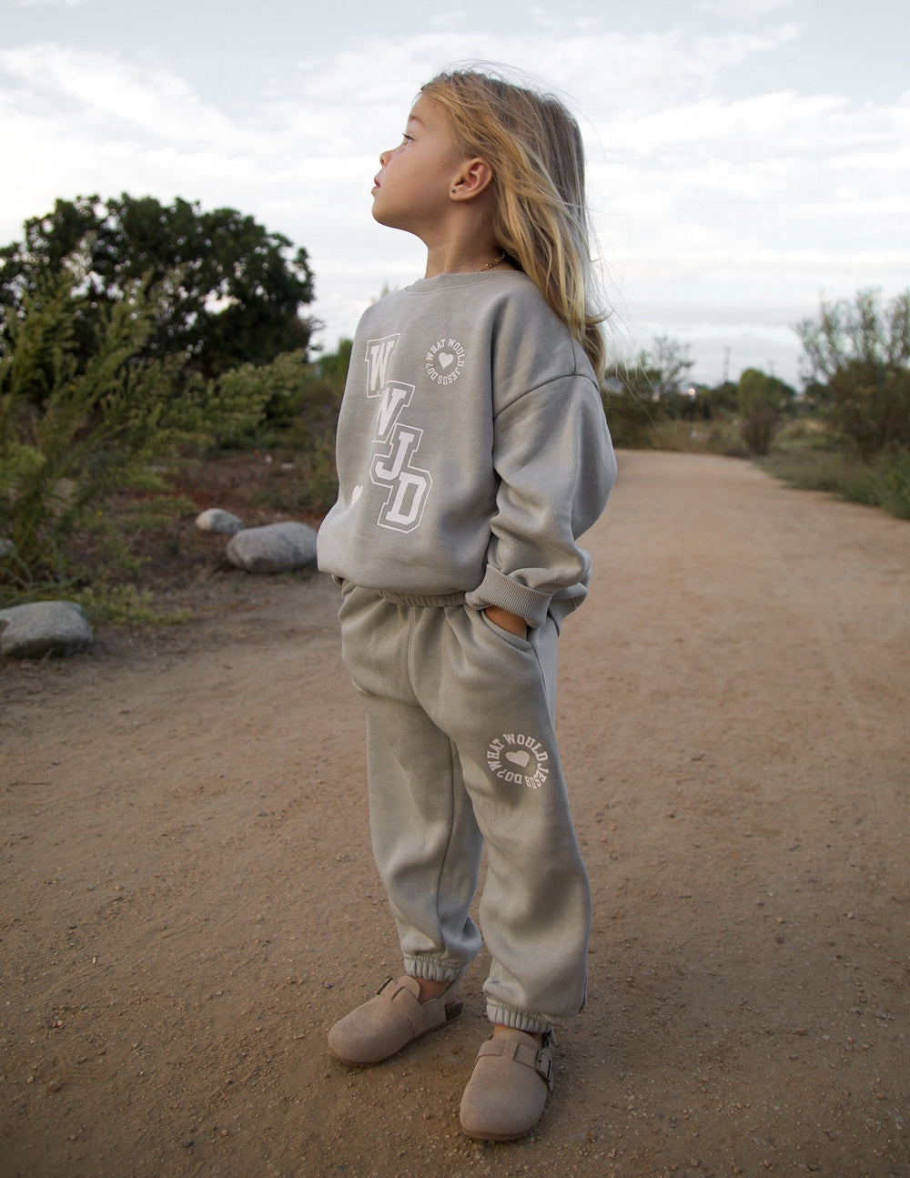 Kids varsity crewneck sweatshirt in light gray with front graphic and sleeves print