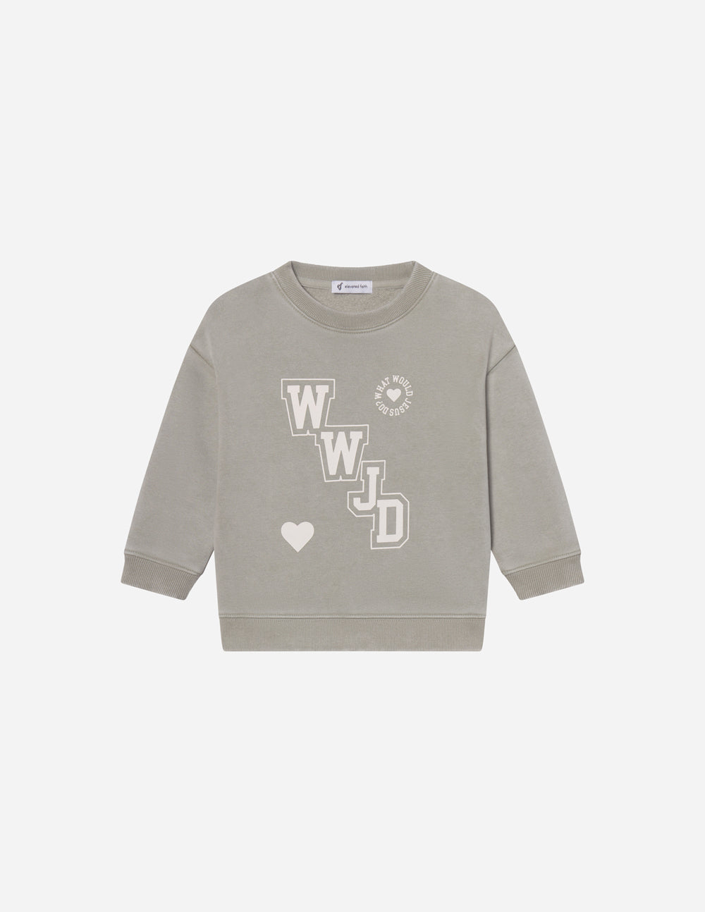 Kids varsity crewneck sweatshirt, light gray with front heart and letter graphics