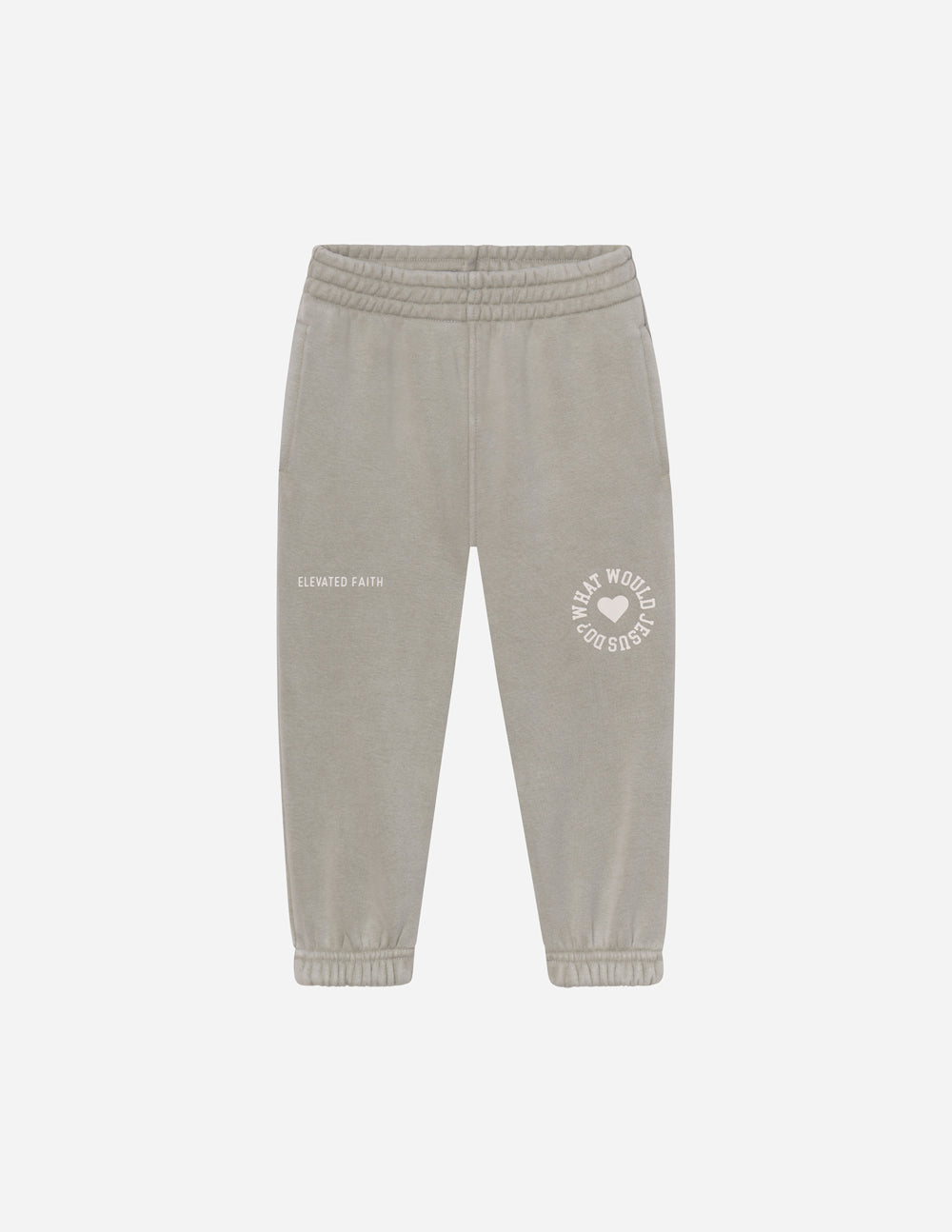 Kids varsity sweatpants, light gray fleece with elastic waistband and cuffs, side logo patch