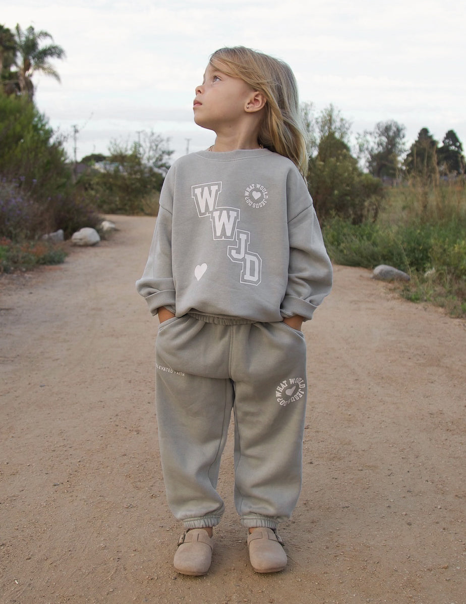 Light gray kids sweatpants set with heart logo on leg and elastic cuffs