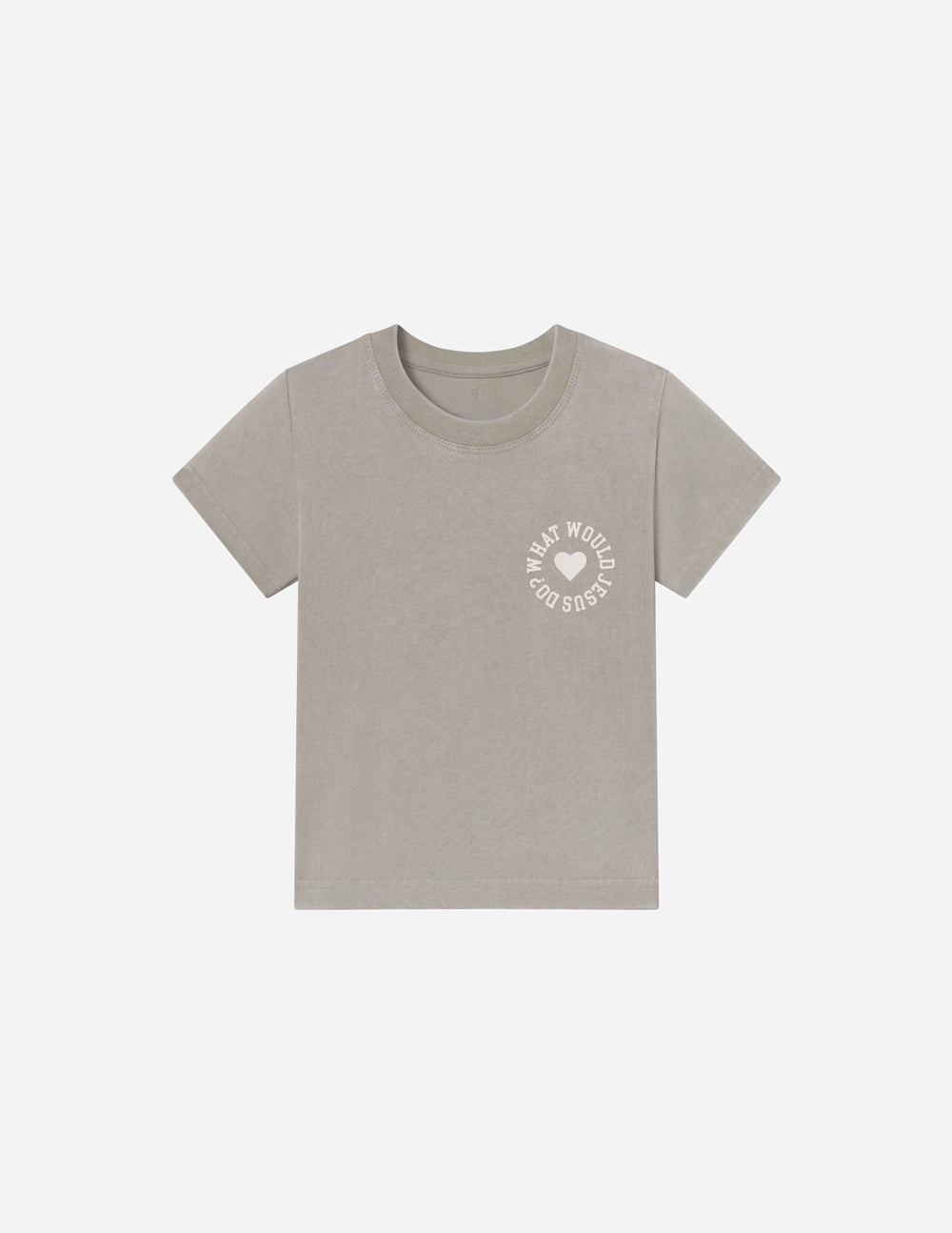 Heather gray kids crew-neck t-shirt with small chest logo and heart graphic