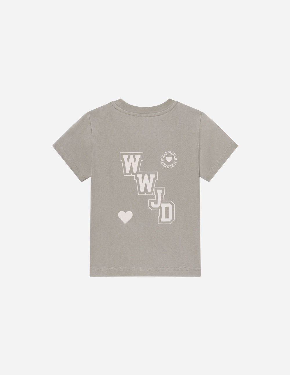 Heather gray kids crew-neck t-shirt with stacked W logo and heart graphics