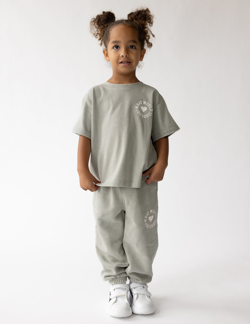 Kids varsity tee in heather gray with small chest logo; crew neck, short sleeves