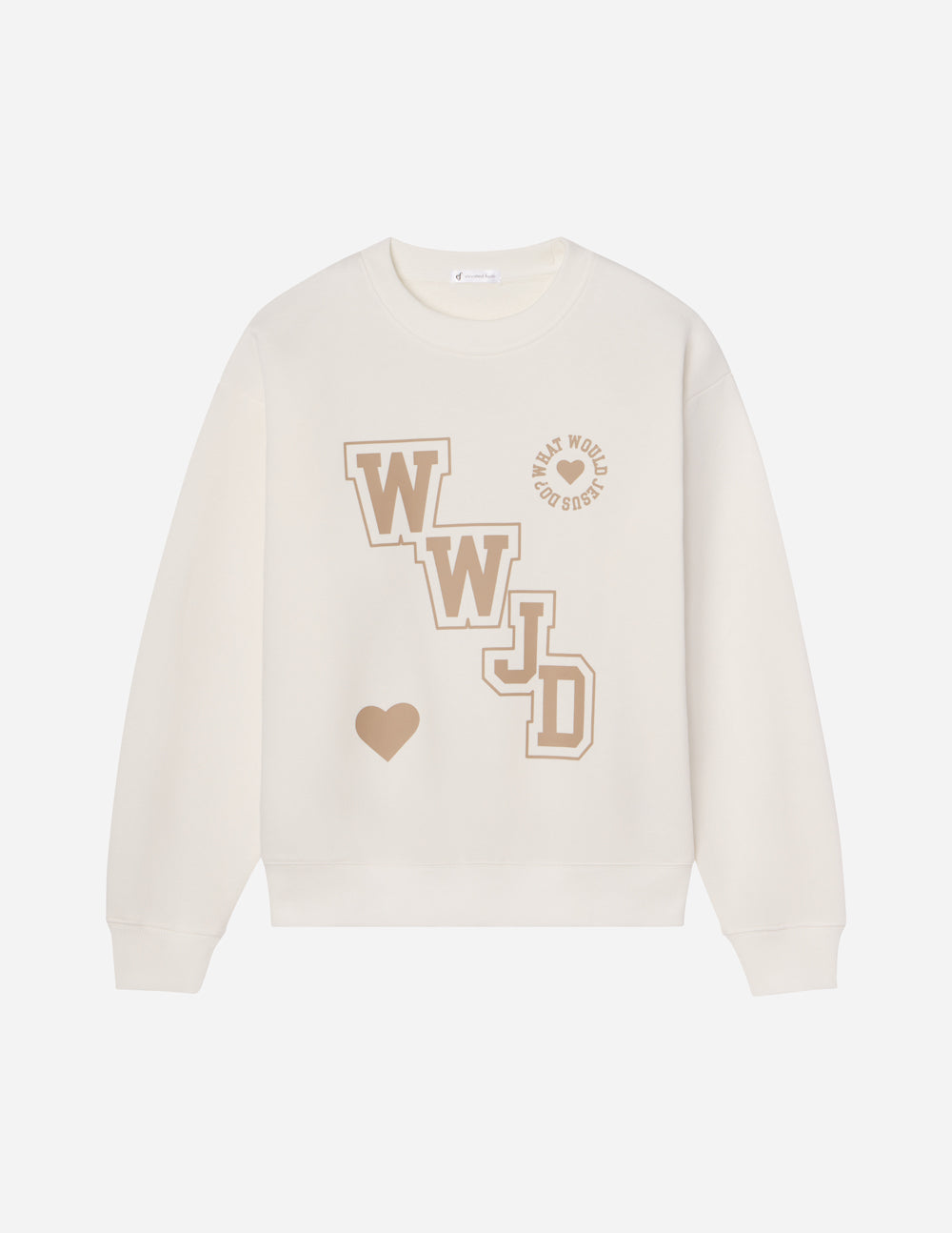 Off-white unisex crewneck sweatshirt with WWJD varsity logo and heart graphic