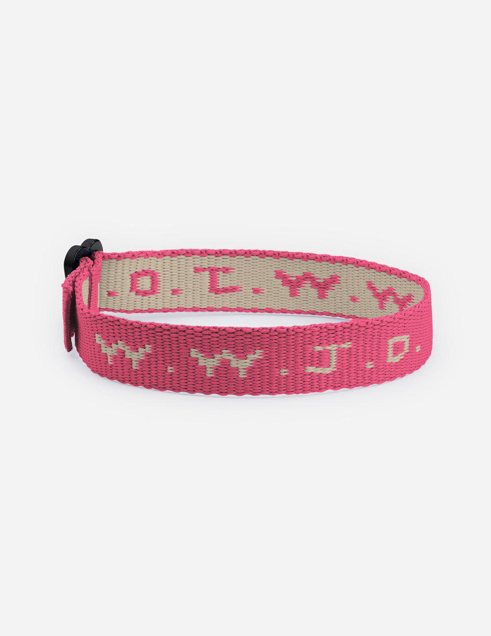 Pink woven cyber charm bracelet with repeating symbols and knotted strap end.