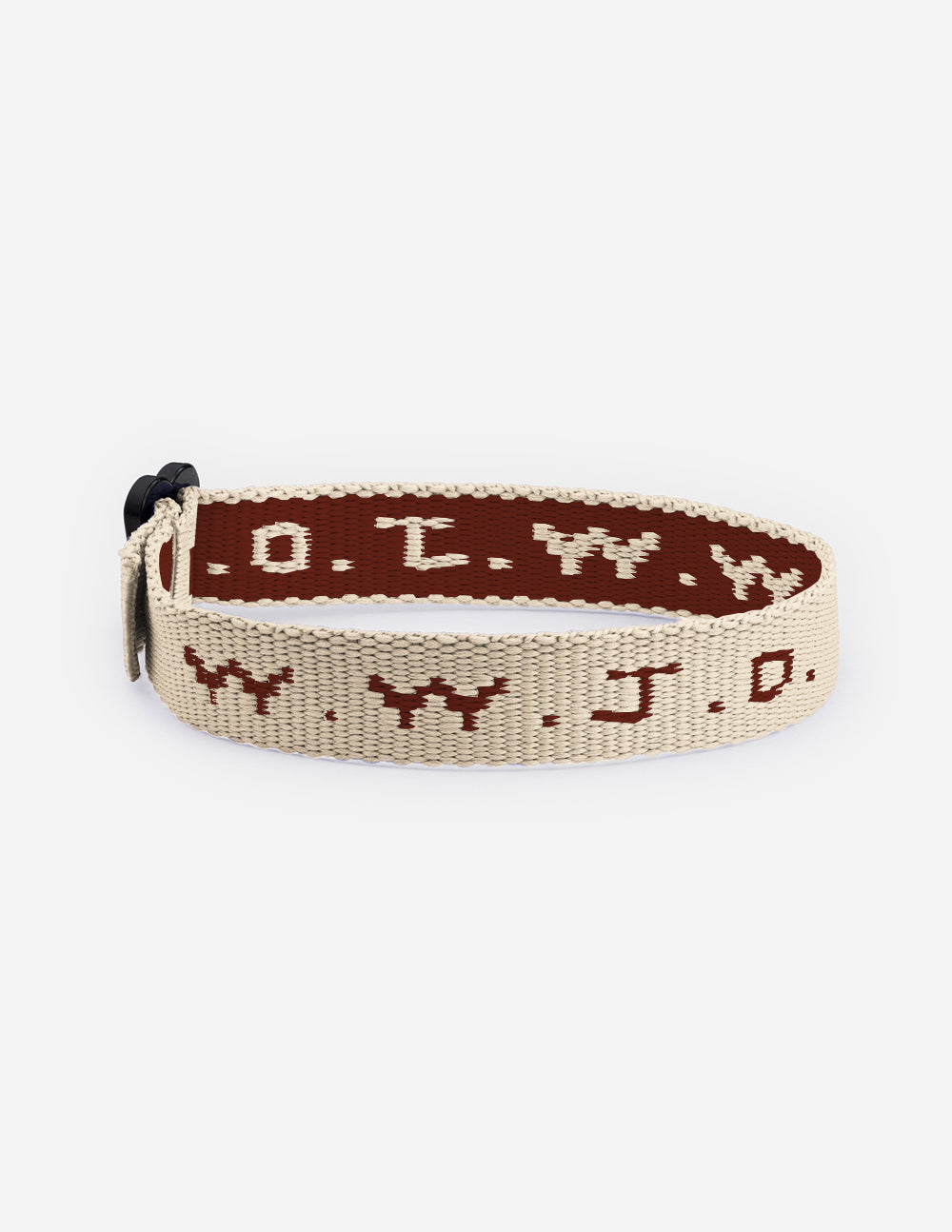 Tan woven cyber charm bracelet with repeating symbols and knotted strap end.