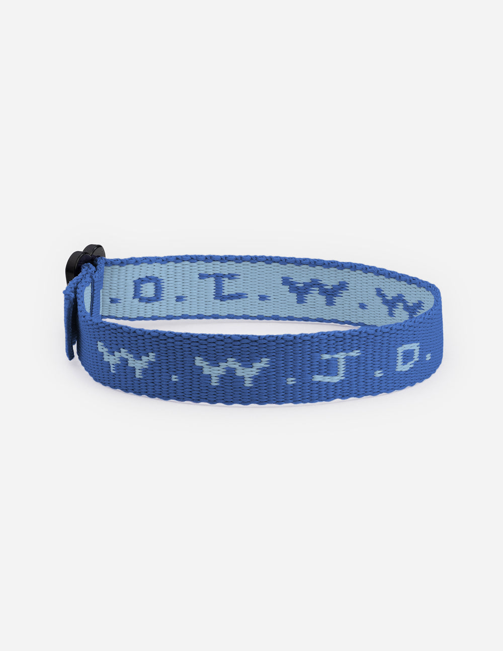 Light blue woven cyber charm bracelet with repeating symbols and knotted strap end.