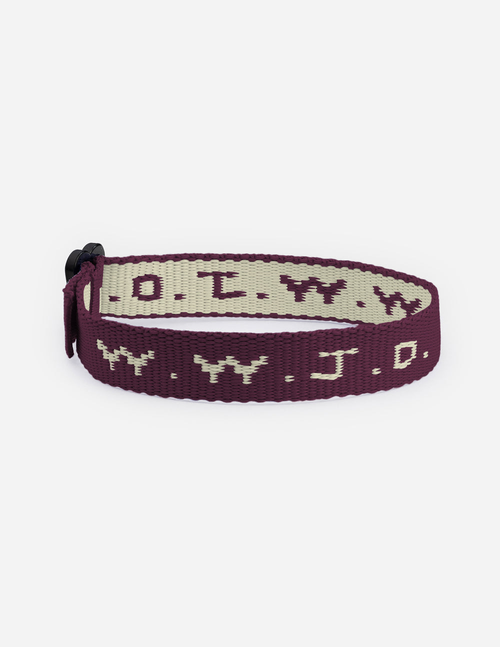 Burgundy woven cyber charm bracelet with repeating symbols and knotted strap end.