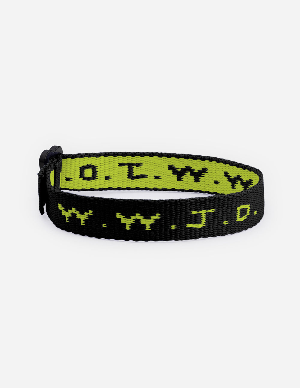 Neon yellow-green woven cyber charm bracelet with repeating symbols and knotted strap end.
