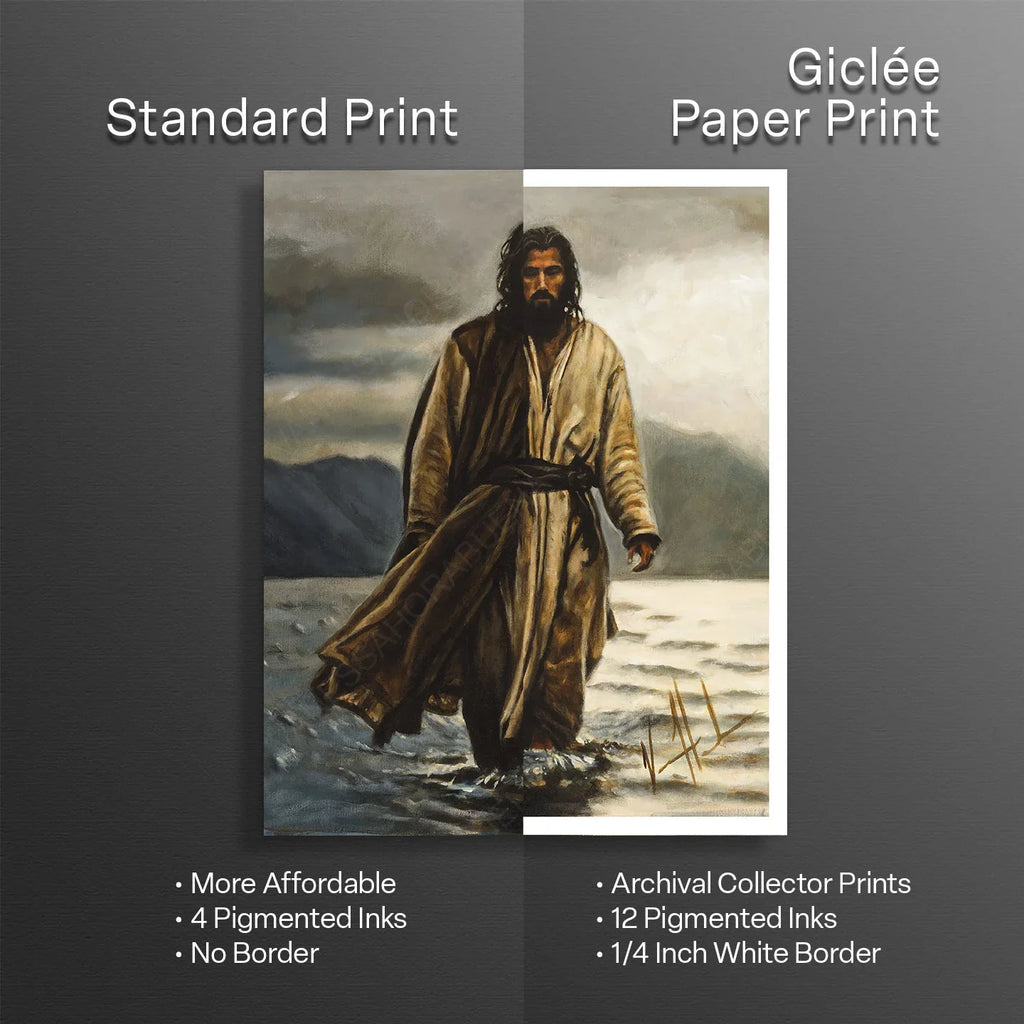 Wall art print of a robed man walking in sand with a white border