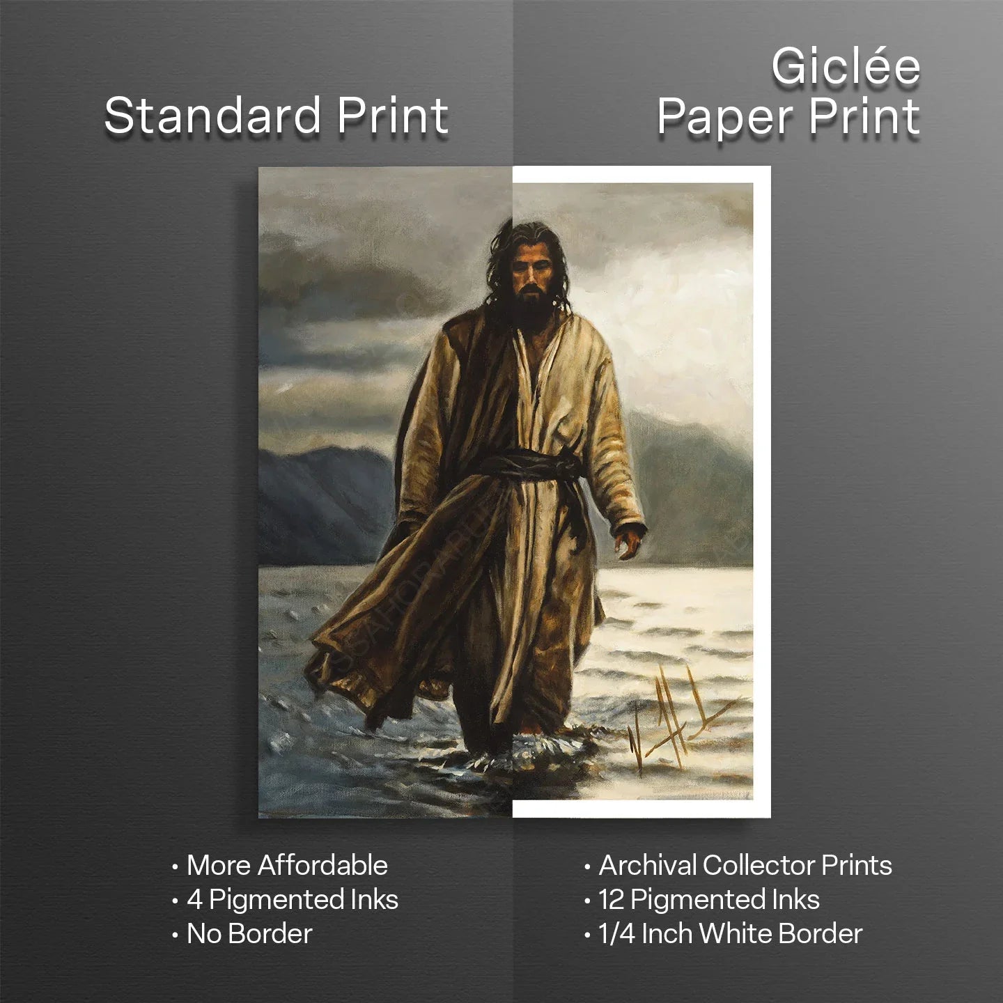 Wall art print of a robed man walking in sand with a white border