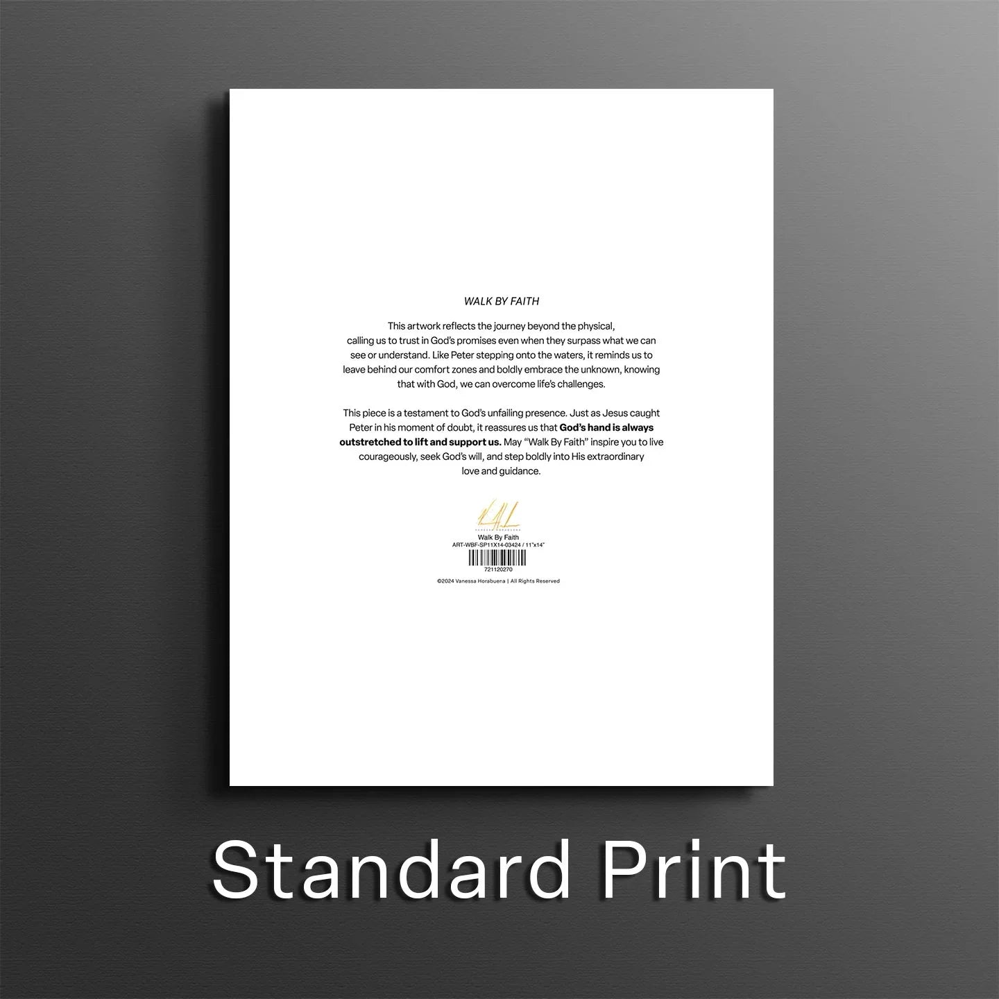 Back of an art print sheet with small paragraphs and barcode-style labels