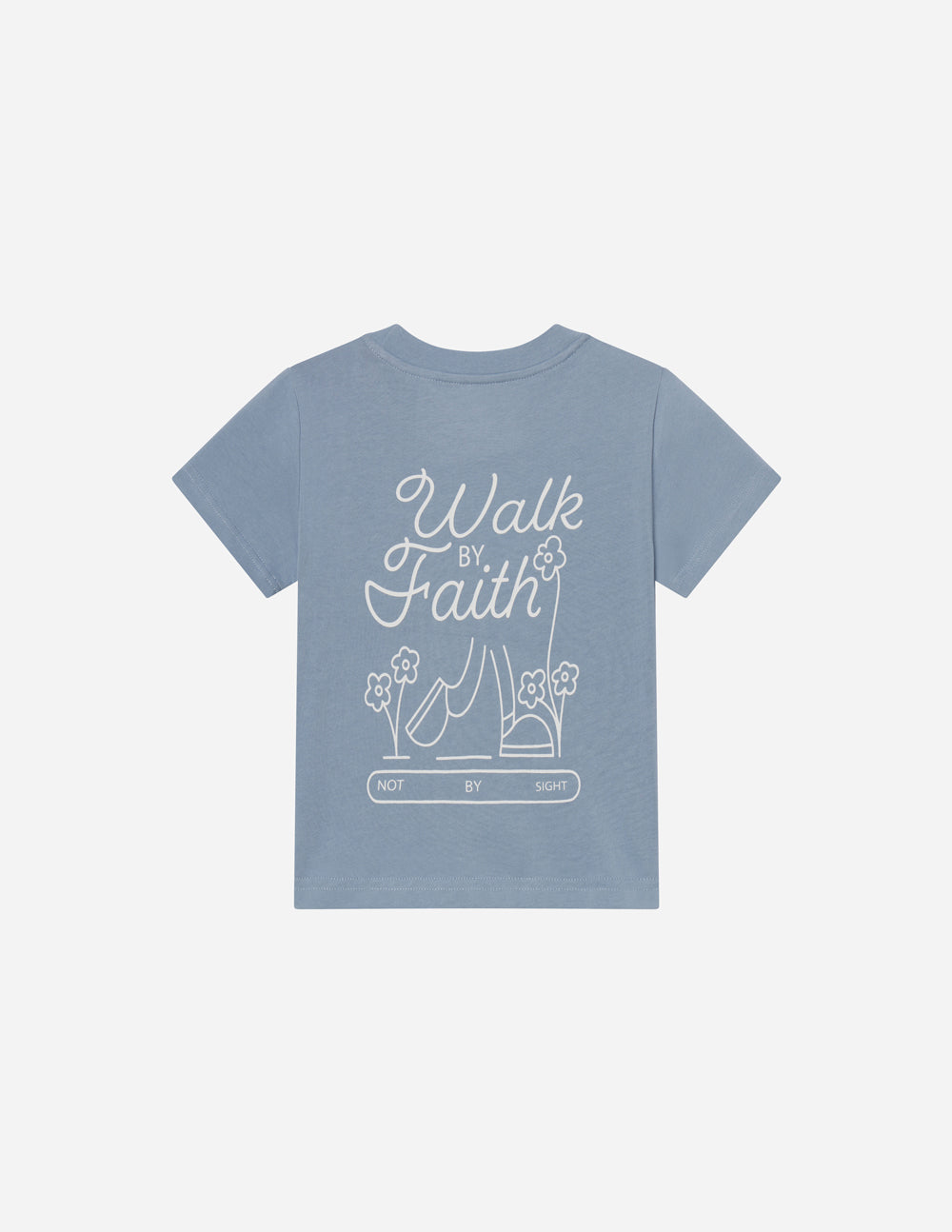 Light blue kids T-shirt with centered "Walk by Faith" script and book illustration