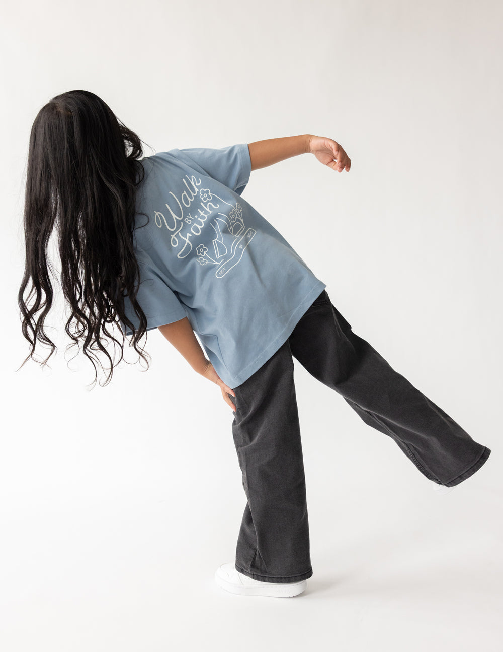 Light blue kids T-shirt with back "Walk by Faith" script and illustration graphic