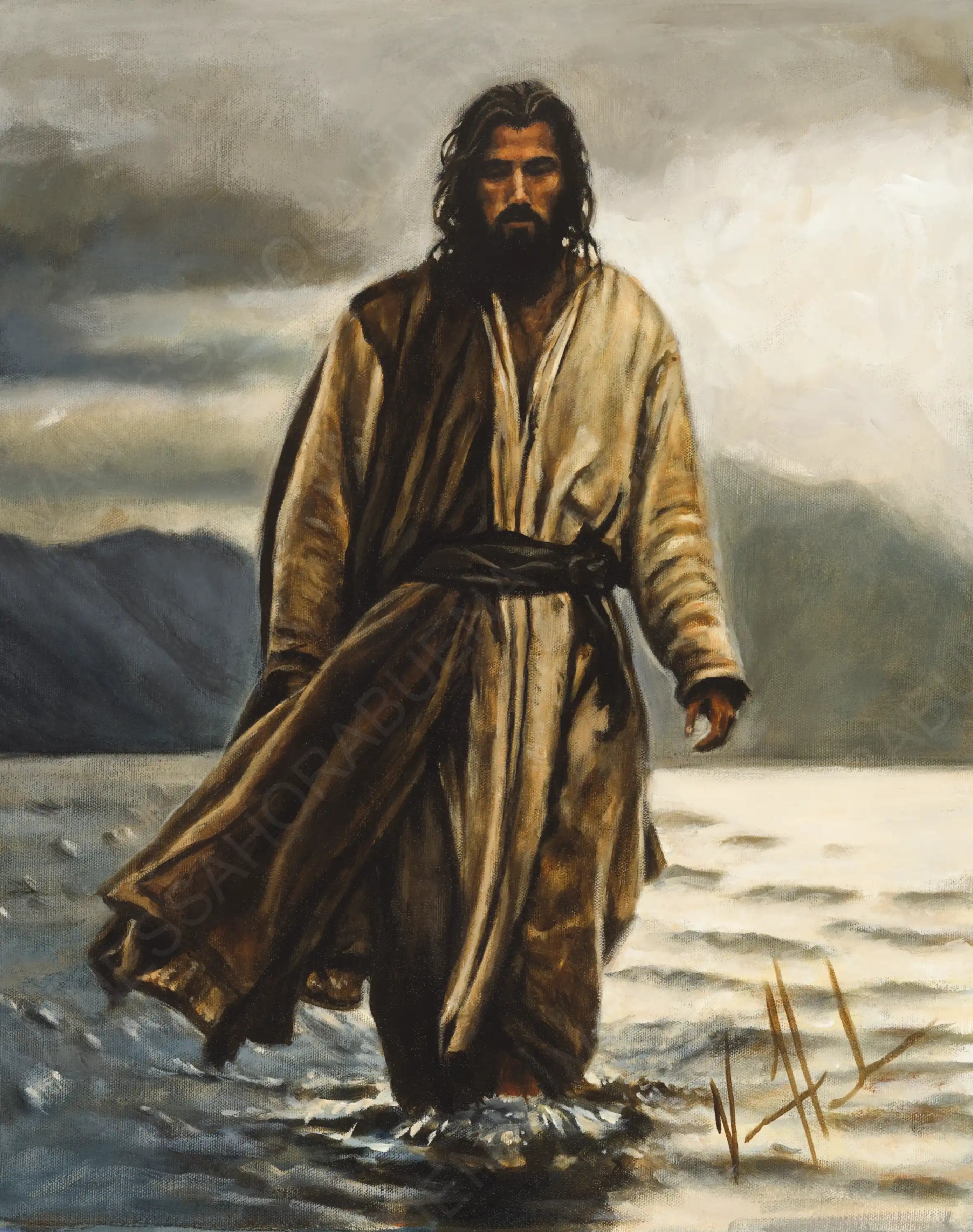 Close-up of a bearded robed man walking through a sandy landscape wall art