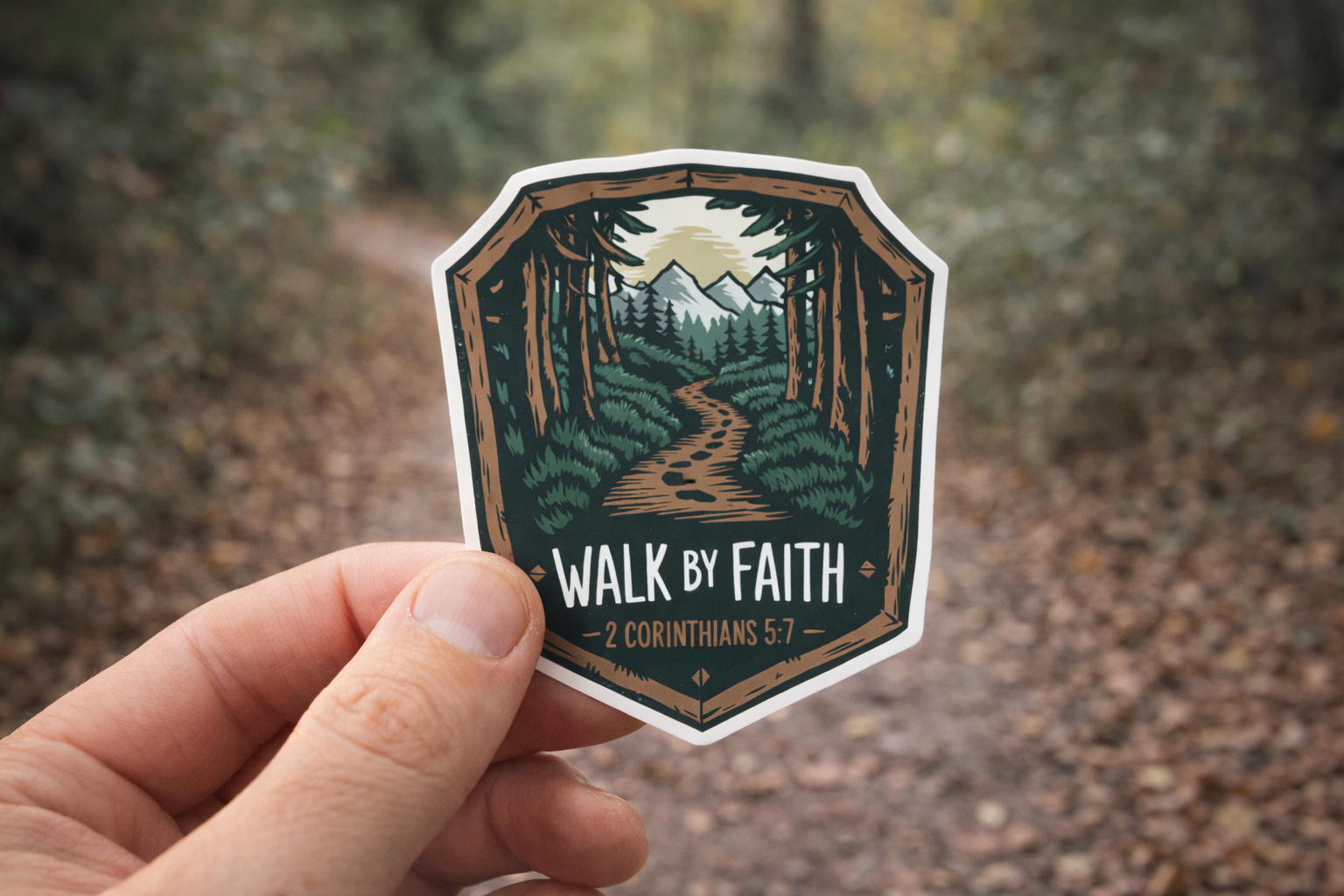 Adventure badge sticker in hand with forest trail art, 'Walk by Faith' and 2 Corinthians 5:7