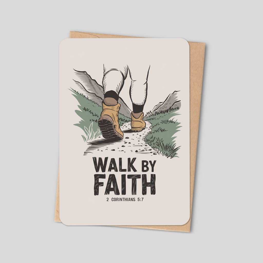 Faith-themed greeting card with 'Walk by Faith' quote and feather-and-leaf illustration