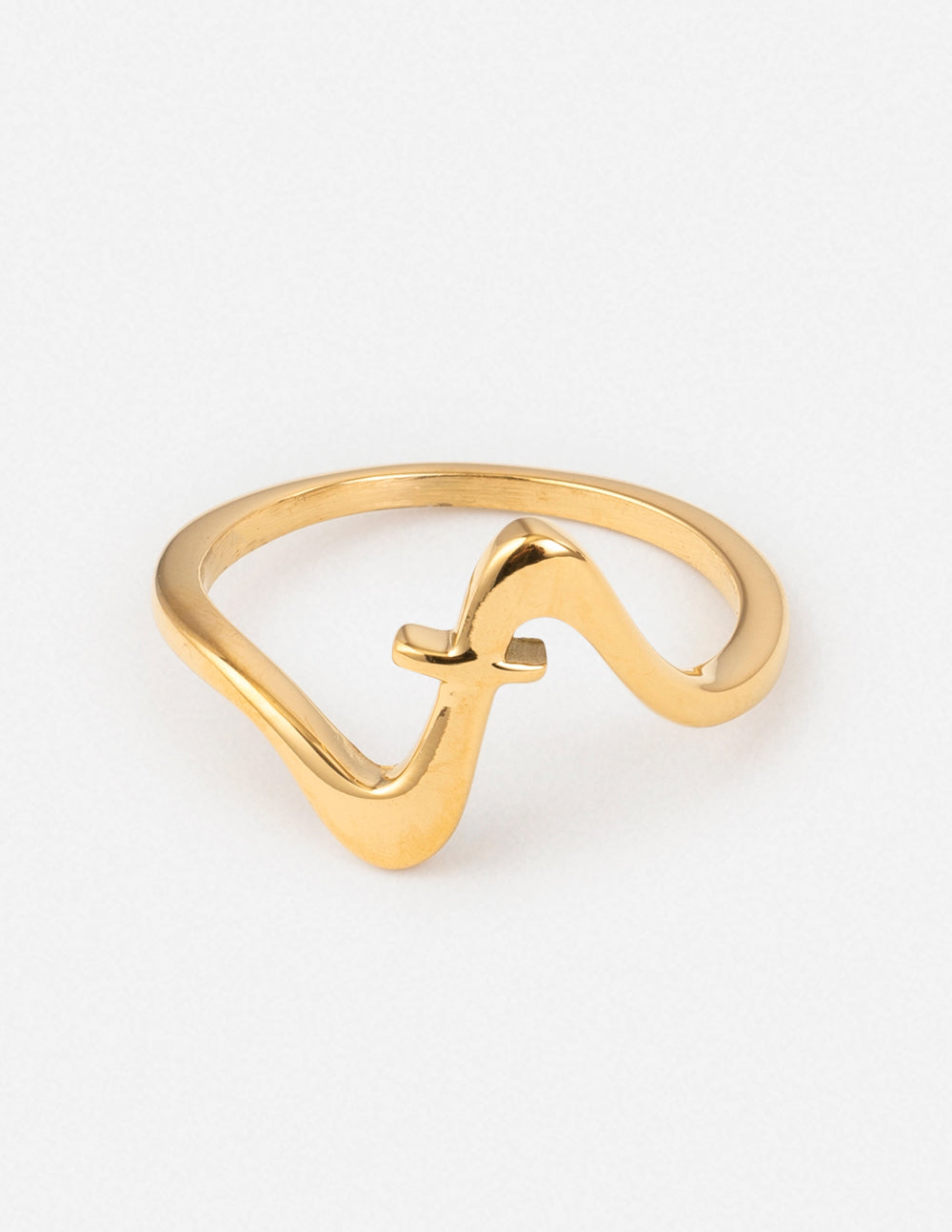 Gold wavy cross open ring, curved band with cross front detail