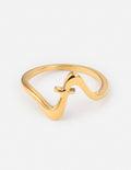 Gold wavy cross open ring, curved band with cross front detail