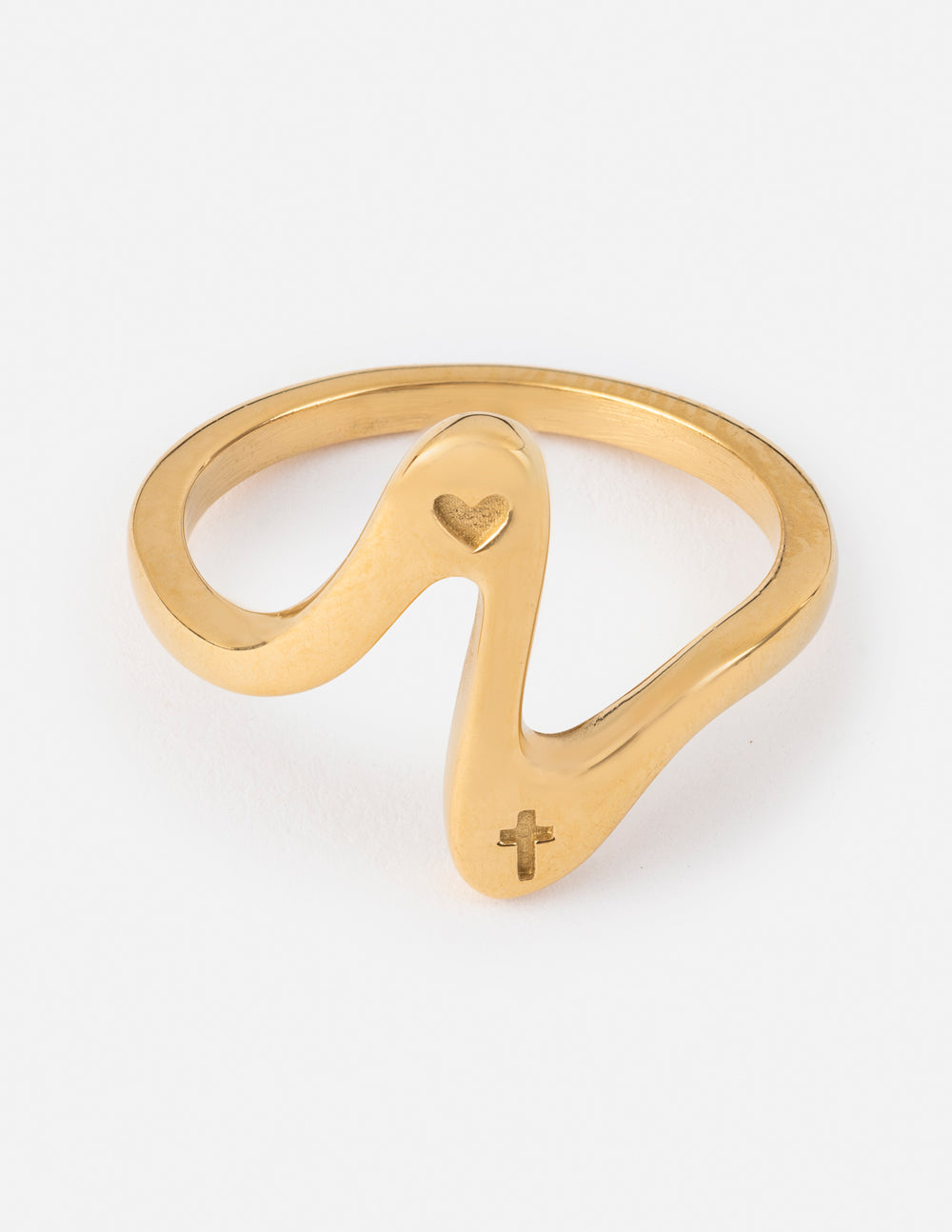 Gold wavy heart ring with open heart and small heart charm detail