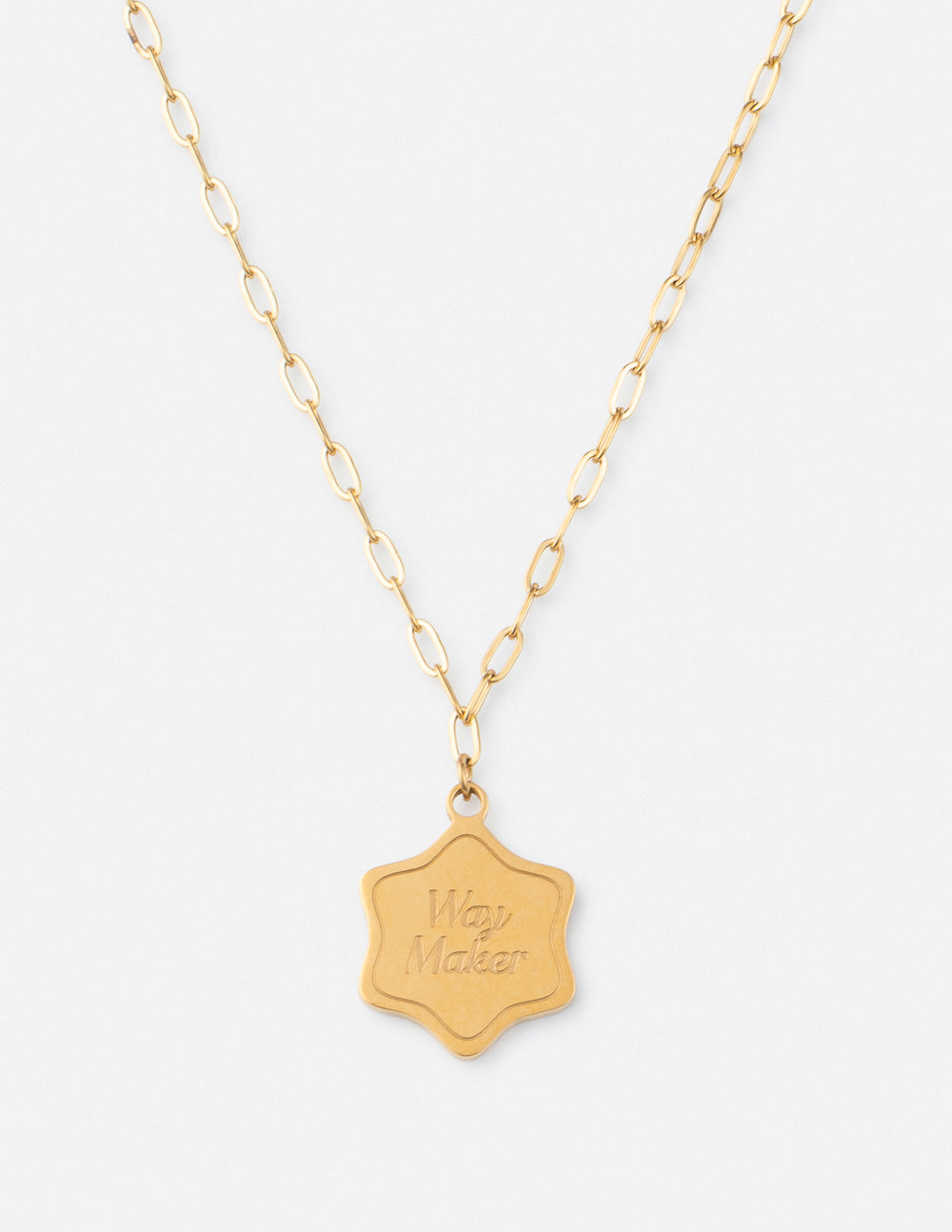 Way Maker necklace with gold-tone chain and shield-shaped engraved pendant