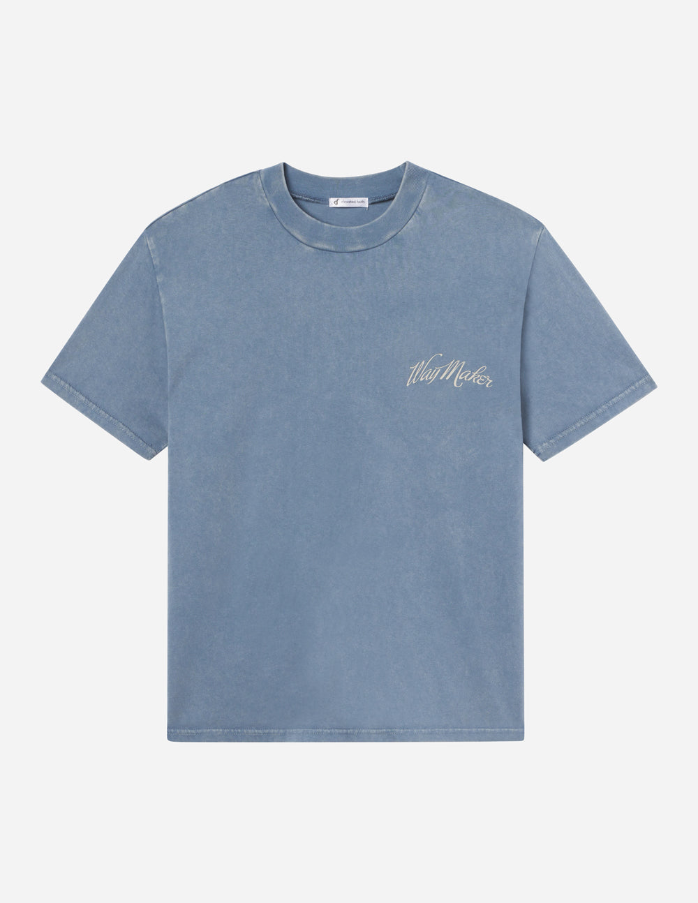 Blue unisex T-shirt with small script logo on the chest