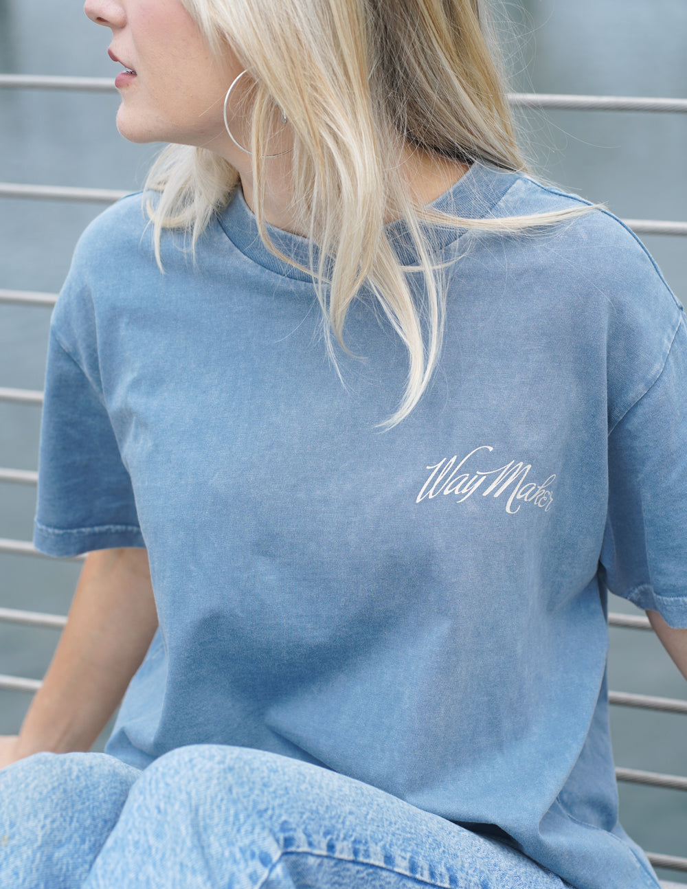 Unisex blue Way Maker T-shirt with small chest logo print, short sleeves.