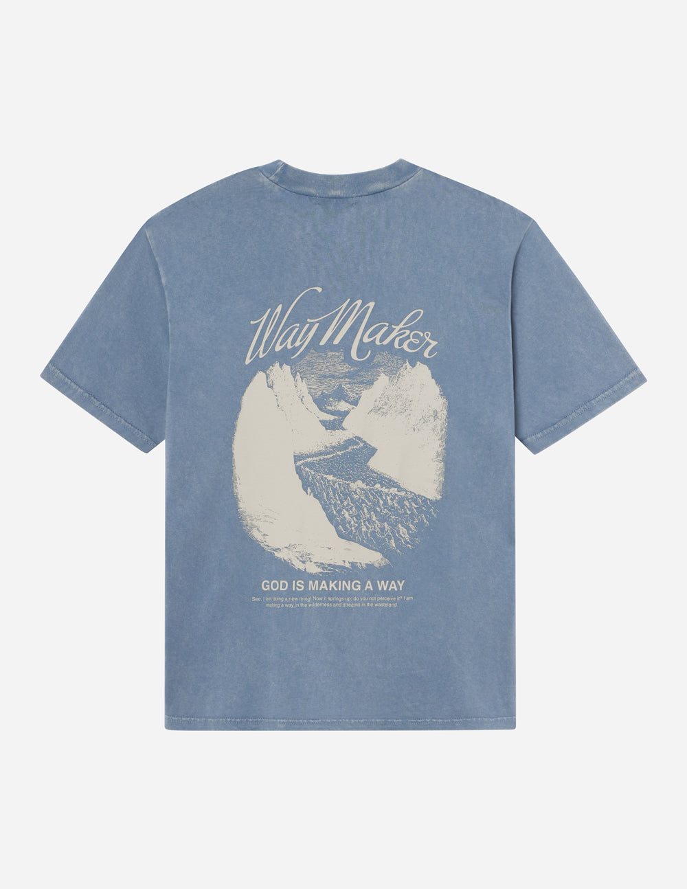 Blue unisex T-shirt with large back print, Way Maker text and verse