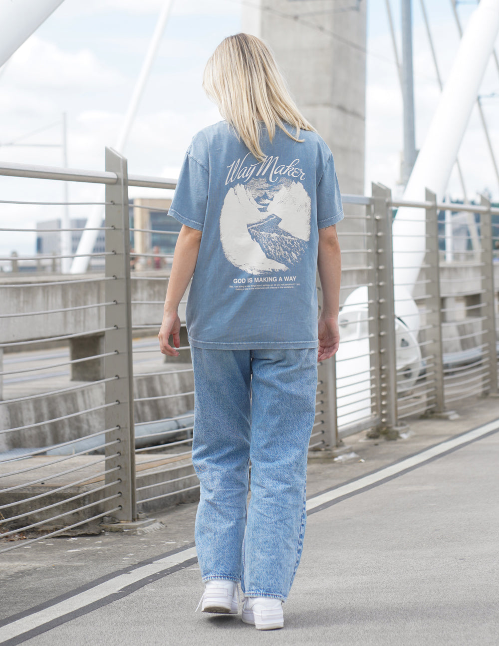 Unisex blue Way Maker T-shirt with large back graphic and slogan, short sleeves.