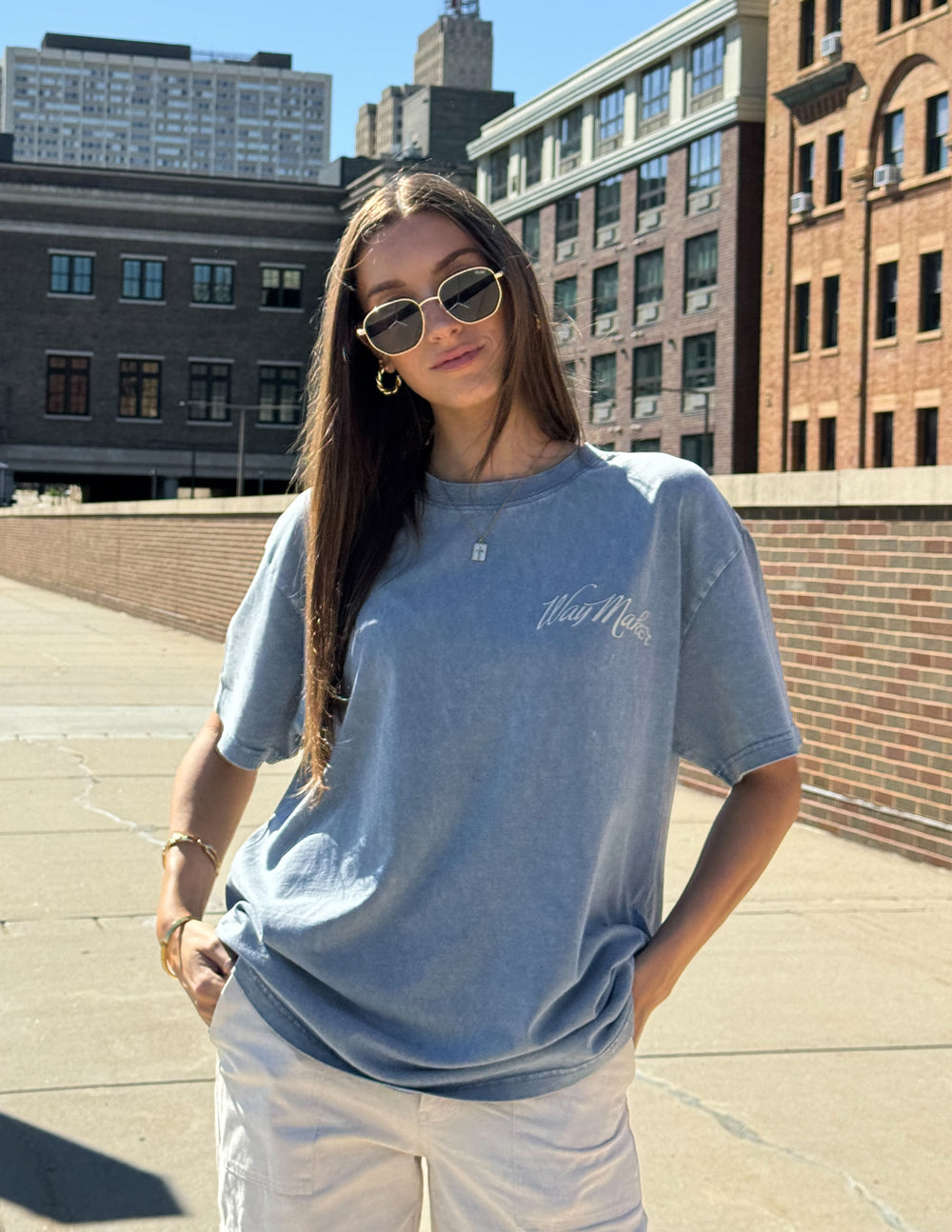 Unisex blue Way Maker T-shirt with small chest script logo, short sleeves.
