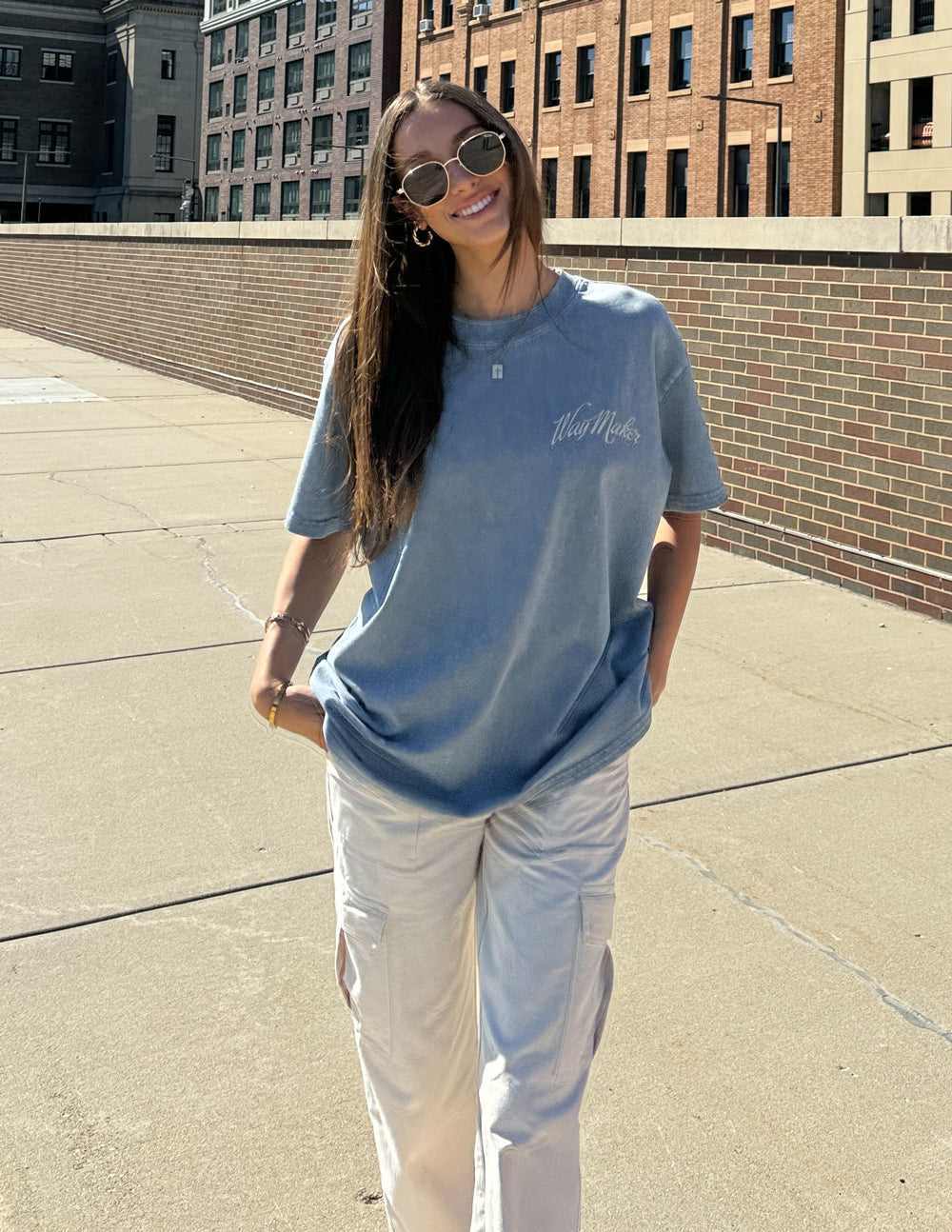 Unisex blue Way Maker T-shirt with small front script logo, short sleeves, relaxed hem.