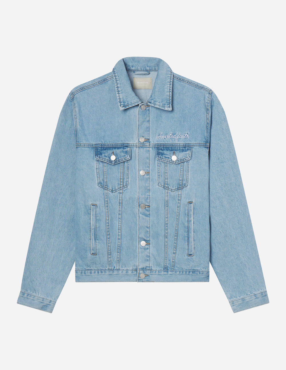 Light blue denim jacket with button front and chest flap pockets