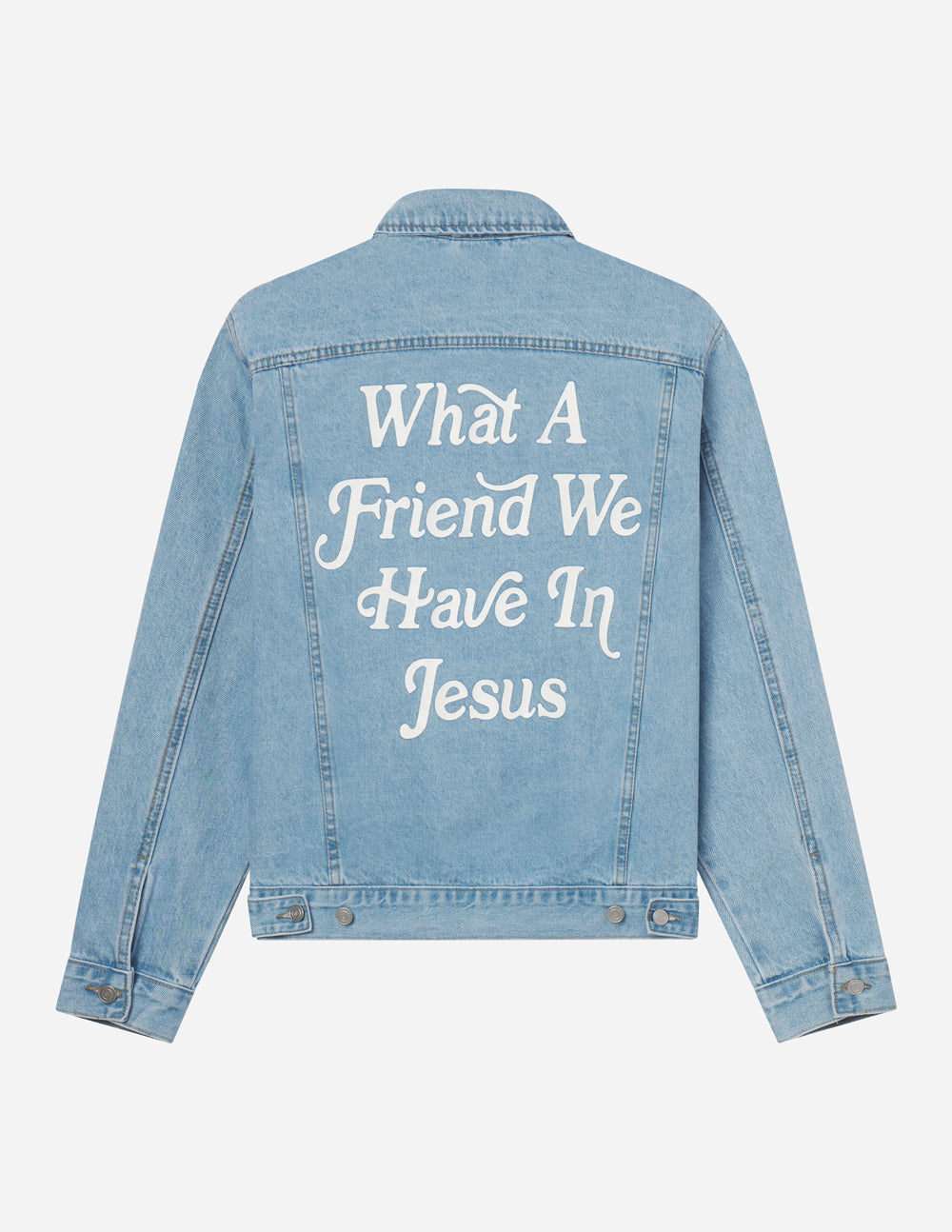 Light blue denim jacket with back text graphic 'What A Friend We Have In Jesus'