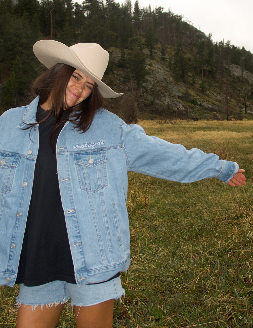 Light-wash denim jacket with button-front and chest pockets