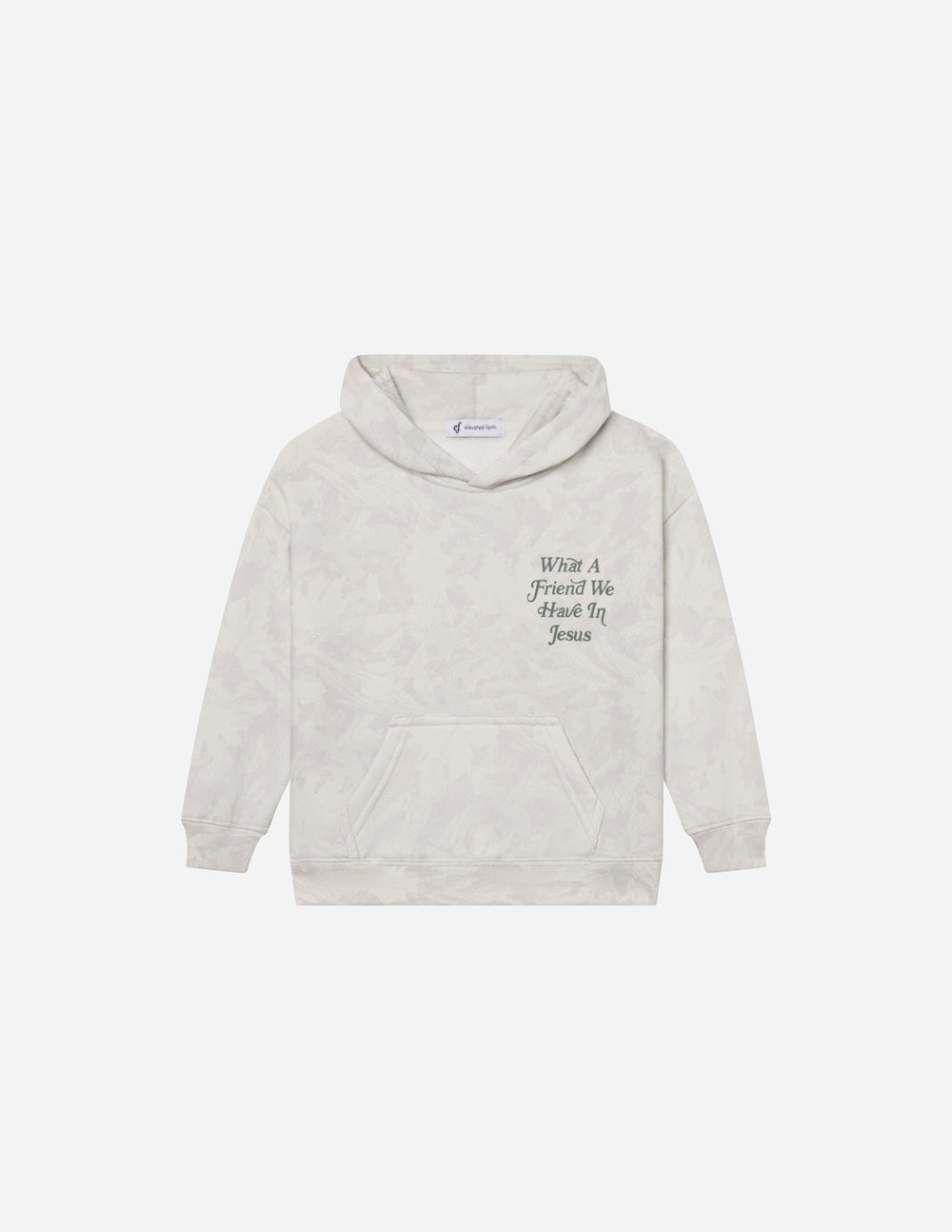 Kids light gray pullover hoodie with hood, front pocket, and embroidered-look “What A Friend We Have In Jesus”.