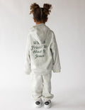Kids pullover hoodie in light gray, back graphic text “What A Friend We Have In Jesus”.