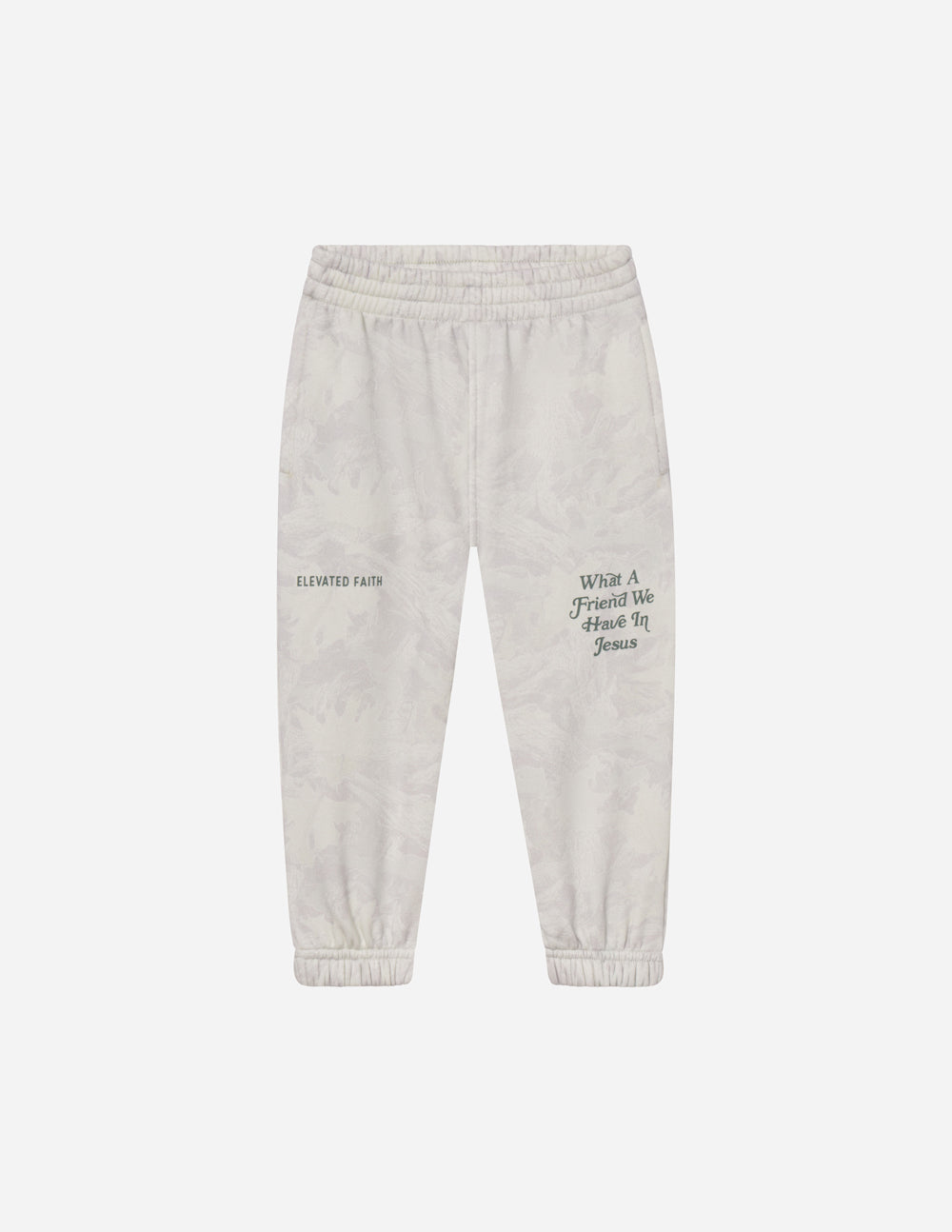 Kids sweatpants with elastic waistband, tapered cuffs, and logo text print