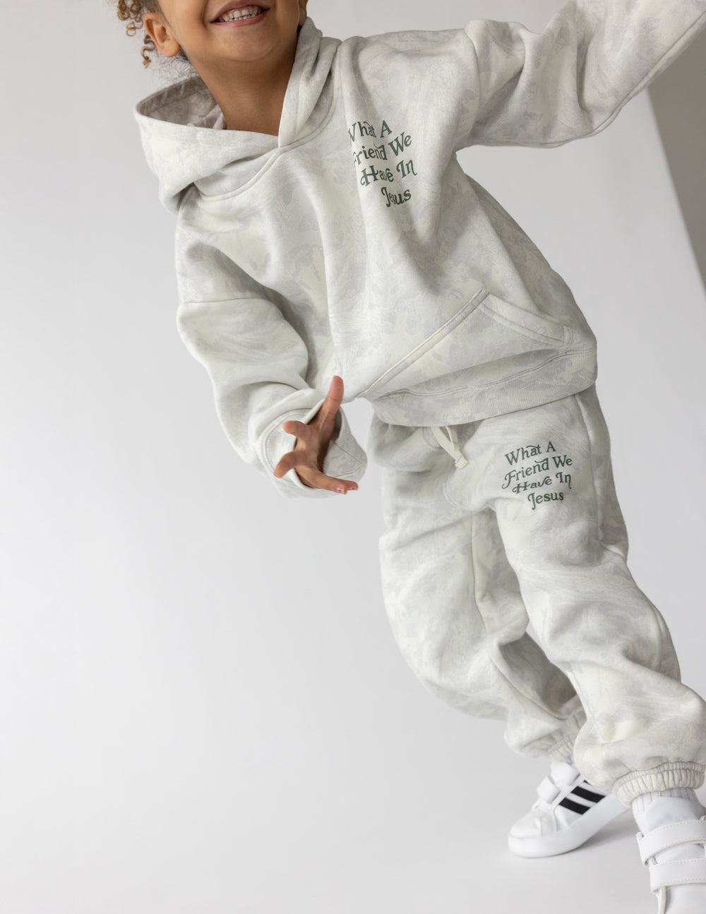 Kids sweatpants with 'What A Friend We Have In Jesus' front graphic