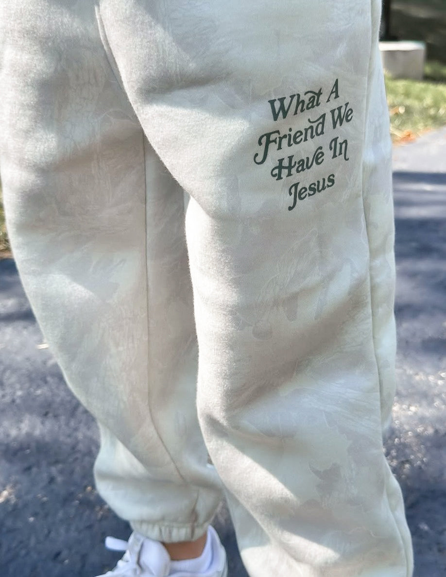 Kids sweatpants close-up with 'What A Friend We Have In Jesus' leg print