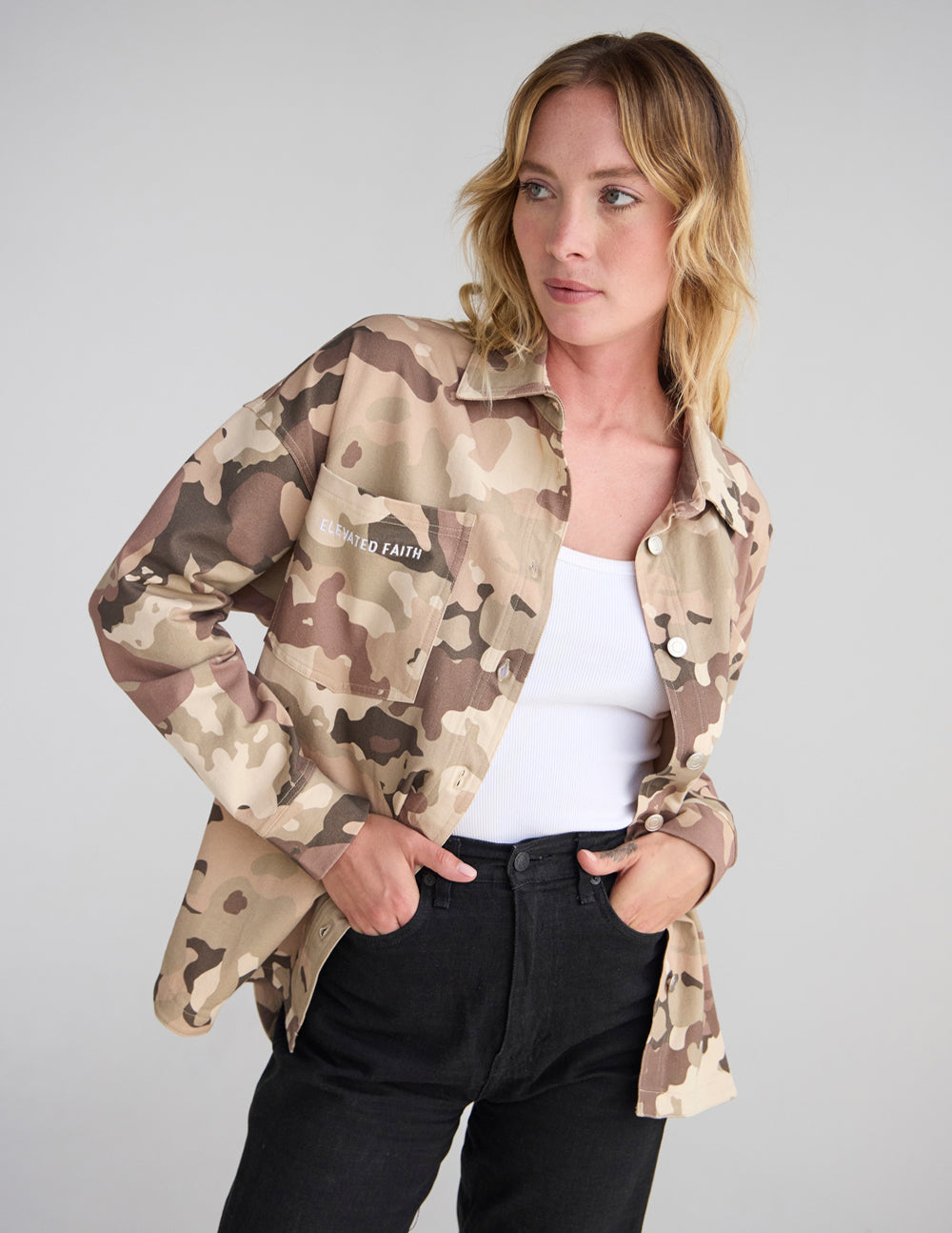 Camouflage shacket jacket, button-front, tan and brown mix.