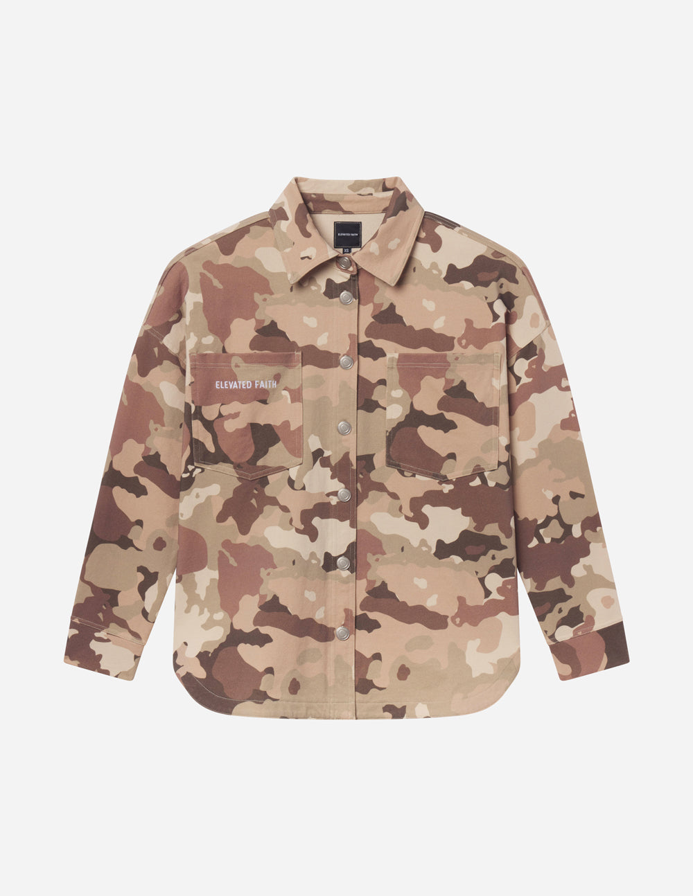 Camo shacket with button front and spread collar, long sleeves, taupe/brown camouflage