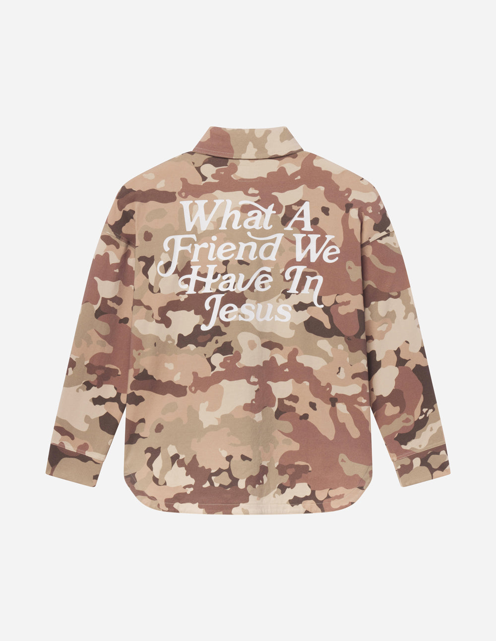 Camo shacket with large back quote print, taupe/brown camo pattern