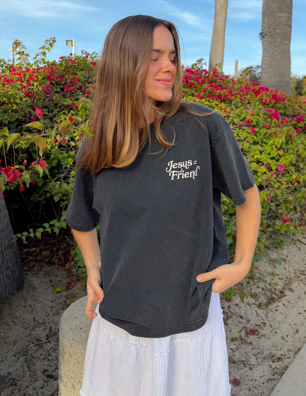 Black heavyweight T-shirt with small chest graphic "Jesus Friend" short sleeves
