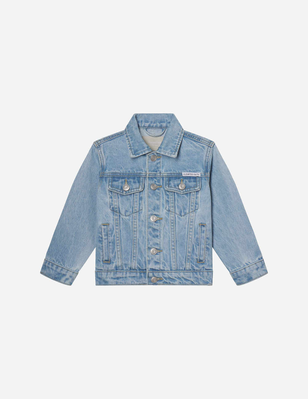 Kids light-wash denim jacket, pointed collar, button-front, chest flap pockets.