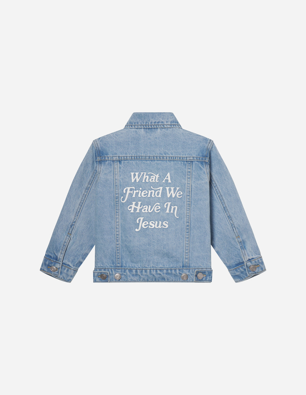 Kids light-wash denim jacket back text: What A Friend We Have In Jesus, button-front.